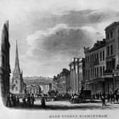 circa 1840:  Saint Martin’s in the Bull Ring and High Street, Birmingham