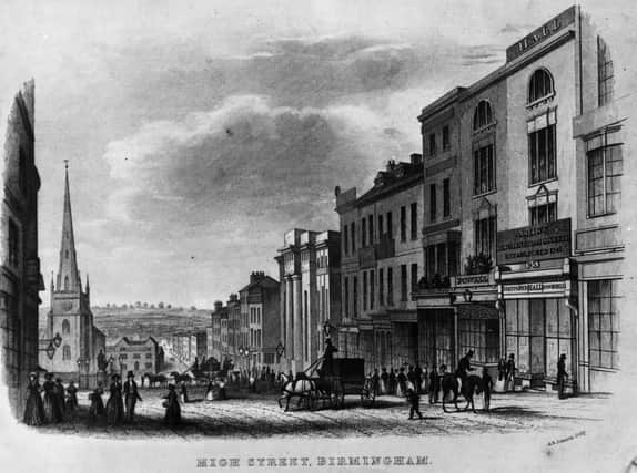 circa 1840:  Saint Martin’s in the Bull Ring and High Street, Birmingham