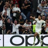 ude Bellingham of Real Madrid celebrates scoring their opening goal during the UEFA Champions League match against Union Berlin. (Getty Images)