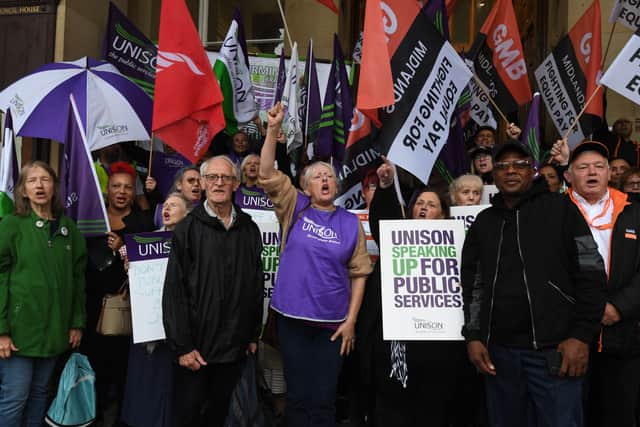 Unions demonstrate outside Birmingham city council. (Photo - Darren Quinton)