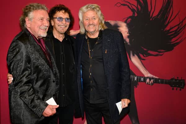 Tony Iommi of Black Sabbath, Robert Plant and Bev Bevan of ELO attend the opening night of "Black Sabbath - The Ballet" at Birmingham Hippodrome on September 23, 2023 in Birmingham, England. (Photo by Katja Ogrin/Getty Images)