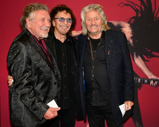 Tony Iommi of Black Sabbath, Robert Plant and Bev Bevan of ELO attend the opening night of "Black Sabbath - The Ballet" at Birmingham Hippodrome on September 23, 2023 in Birmingham, England. (Photo by Katja Ogrin/Getty Images)