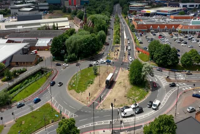 Drone shot of bus route improvements at Heybarnes Circus island, in Small Heath (Photo - WMCA)