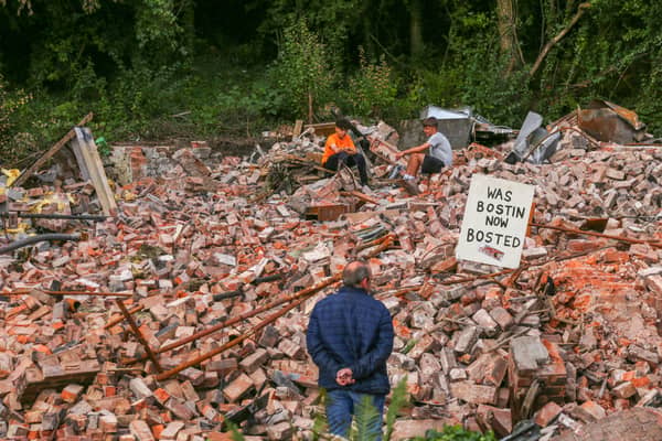 The Crooked House pub remains following fire and demolition in Himley, near Dudley, in Staffordshire