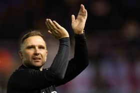 Birmingham boss John Eustace applauds the home fans at the final whistle at St Andrews
