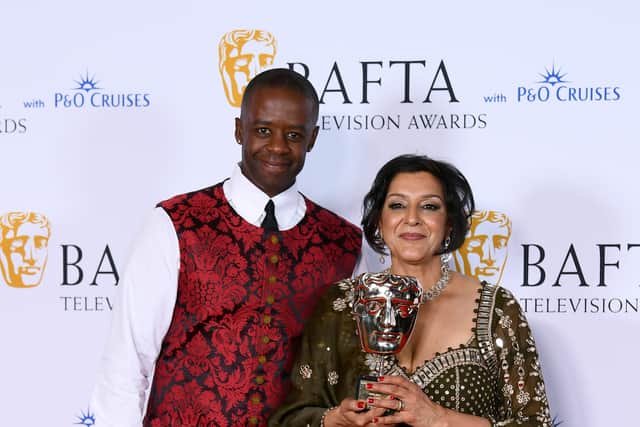 Adrian Lester and Meera Syal with the Fellowship Award during the 2023 BAFTA Television Awards 