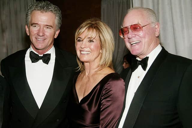 Dallas stars Patrick Duffy, Linda Gray and Larry Hagman attend the cocktail party for the “CBS at 75” television gala at the Hammerstein Ballroom November 2, 2003 in New York City. 