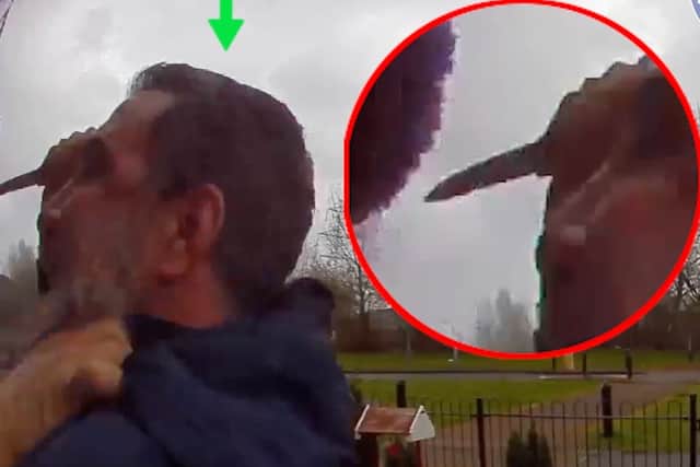 Shocking footage shows the moment a knifeman tried to kick his way into a house before stabbing his daughter’s father-in-law
