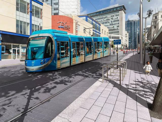 Visualisation of the Metro tram on Lower Bull Street in Birmingham city centre