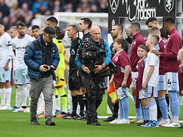 BIRMINGHAM, ENGLAND - OCTOBER 22: A steadycam TV camera operator is seen before during the Premier League match between Aston Villa and West Ham United at Villa Park on October 22, 2023 in Birmingham, England. (Photo by Michael Regan/Getty Images)