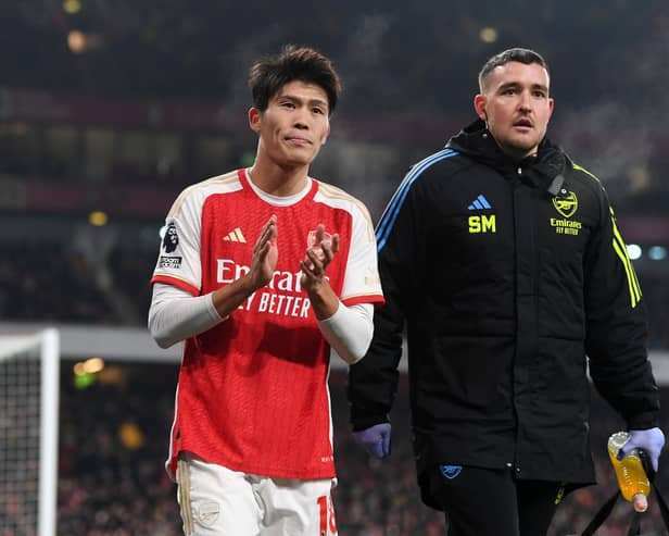 Takehiro Tomiyasu came off injured for Arsenal against Wolves. He is expected to miss the Premier League clash with Aston Villa. (Image: Getty Images)