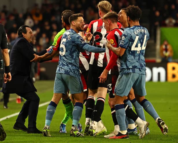 Unai Emery was in the thick of it to calm his players down as Aston Villa and Brentford clashed.