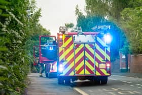 A pair of english fire engines parked at the side of the road (stock image)