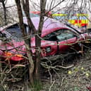 The smashed up Ferrari in trees alongside the M40 motorway