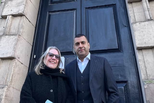 Jilly Cosgrove, Barques and Hamraj Kang, Kangs Solicitors outside St Paul's Church in The Jewellery Quarter, Birmingham