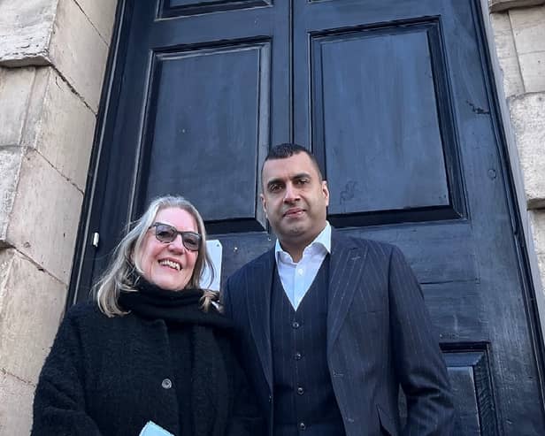 Jilly Cosgrove, Barques and Hamraj Kang, Kangs Solicitors outside St Paul's Church in The Jewellery Quarter, Birmingham