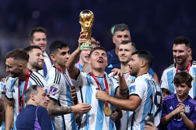 Paulo Dybala won the World Cup with Argentina in December 2022. He has been linked with a move to Aston Villa and two other Premier League clubs. (Photo by Julian Finney/Getty Images)