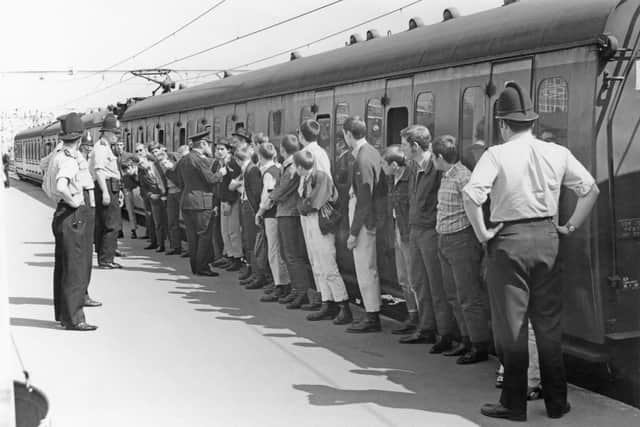 Skinheads arriving at Southend Victorial railway station in May 1970