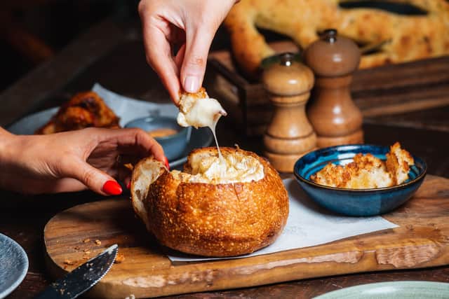 Baked camembert in sourdough loaf made to share on Valentine's Day at The Botanist