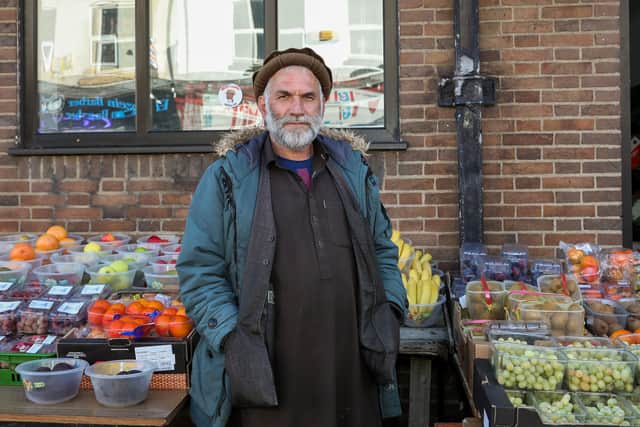 Abdul Guldari shopkeeper outside the Fruit and Vegetable House, Villa Road, Lozells