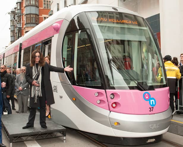 Ozzy Osbourne names a tram Midland Metro tram 'Ozzy Osbourne' which will run on a newly-opened route in the city centre on May 26, 2016 in Birmingham, England.  (Photo by Richard Stonehouse/Getty Image