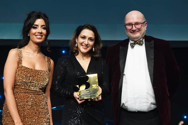 Greater Birmingham Chamber of Commerce Business of the Year Winner Kavita Parmar with host Noreen Khan