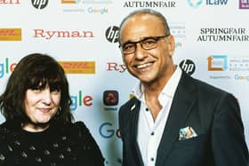 Birmingham business owner Ruth Bagnall from A is for Alice Costumes in Stirchley with Dragons' Den star Theo Paphitis