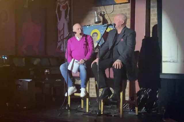 Gary James and Des Tong discuss Des’ career at the launch party for his latest book release