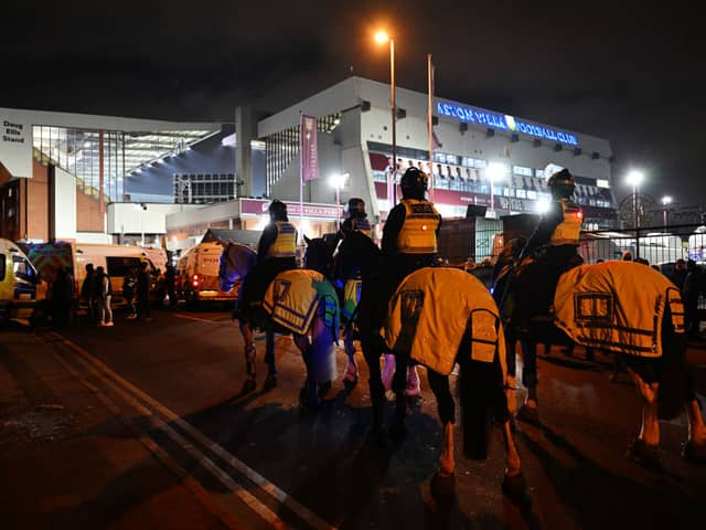 Police are seen on horses outside the stadium prior to the UEFA Europa Conference League match between Aston Villa FC and Legia Warszawa at Villa Park on November 30, 2023