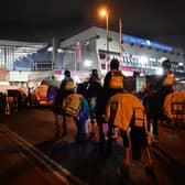 Police are seen on horses outside the stadium prior to the UEFA Europa Conference League match between Aston Villa FC and Legia Warszawa at Villa Park on November 30, 2023