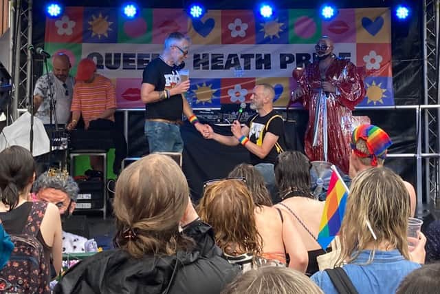 Justin’s surprise proposal to Richard on the main stage at Queens Heath Pride in June last year.