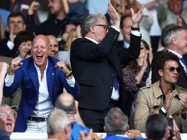 Tom Wagner, Birmingham City Chairman, Gary Cook, CEO and Tom Brady co-owner celebrates following the teams victory in the Sky Bet Championship match between Birmingham City and Leeds United at St Andrews (stadium) on August 12, 2023 in Birmingham