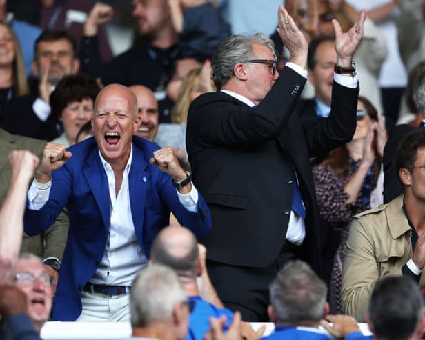 Tom Wagner, Birmingham City Chairman, Gary Cook, CEO and Tom Brady co-owner celebrates following the teams victory in the Sky Bet Championship match between Birmingham City and Leeds United at St Andrews (stadium) on August 12, 2023 in Birmingham