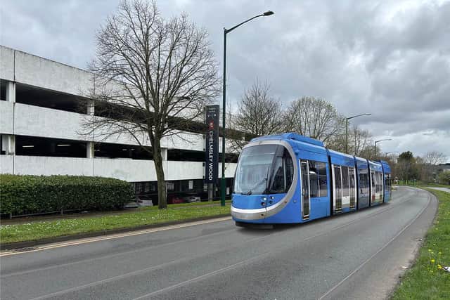CGI image of a Metro tram running through the centre of Chelmsley Wood