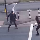 Kelvin Ward, 50, being attacked where he was stabbed to death on Chester Road in Castle Bromwich, Birmingham, on April 18, 2023