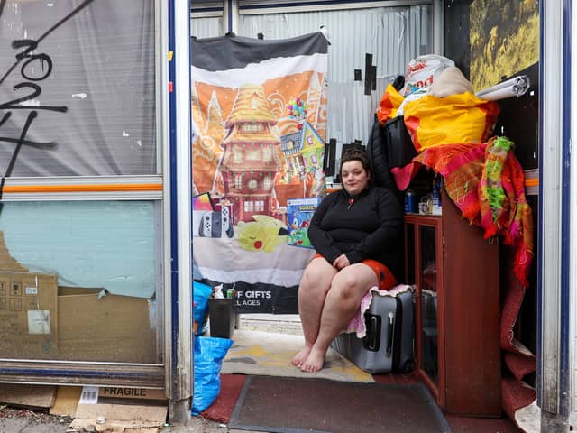 Destiny Mitchell, 26, is homeless and has turned a bus stop into a temporary home on the Bristol Road, Selly Oak, Birmingham