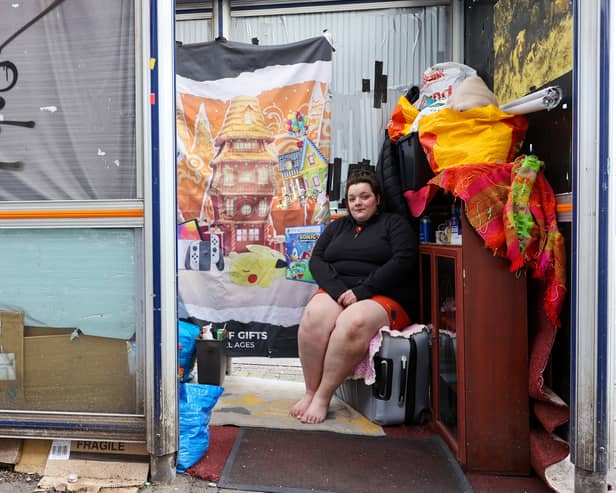 Destiny Mitchell, 26, is homeless and has turned a bus stop into a temporary home on the Bristol Road, Selly Oak, Birmingham