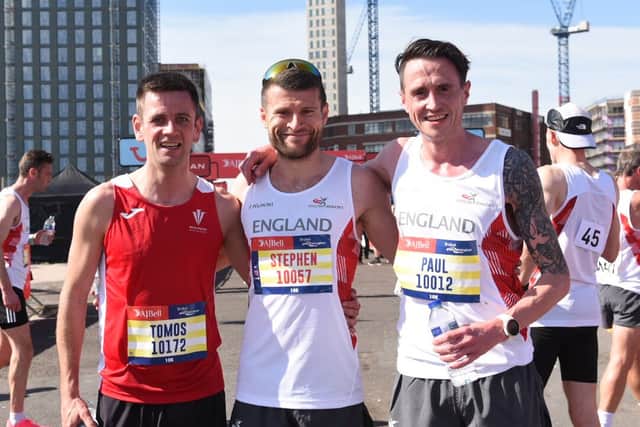 (L-R) Tomos Roberts, Stephen Blake, Paul Howard are 10K Top 3 Male runners at Birmingham Great Run 2024