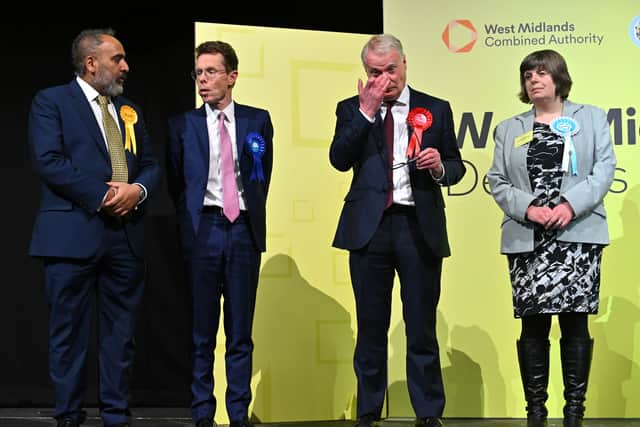 (L-R) Liberal Democrat candidate Sunny Virk, Conservative party candidate Andy Street, Labour candidate Richard Parker and Reform UK party candidate Elaine Williams on stage during the declaration for West Midlands Mayor