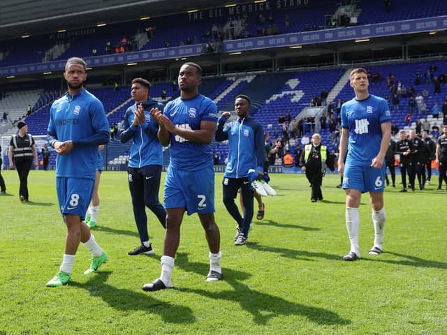 Birmingham City players show their support to the supporters. Blues were relegated from the Championship despite a 1-0 win over Norwich City. (Cameron Smith/Getty Images)