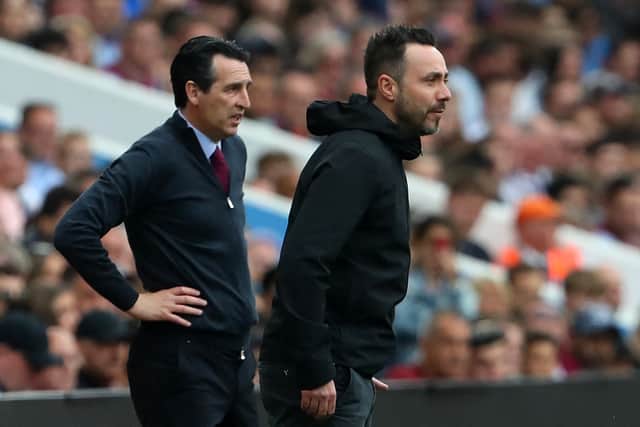 De Zerbi (right) may have got the better of Emery (left) on Sunday but the gap between the managers' two teams is 20 points.