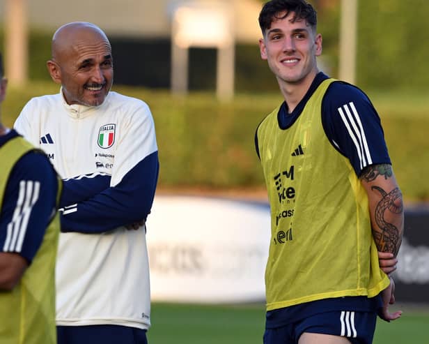 Luciano Spalletti (L) has ruled out the possibility of Nicolo Zaniolo representing Italy at EURO 2024. He suffered an injury playing for Aston Villa. (Photo by Claudio Villa/Getty Images)