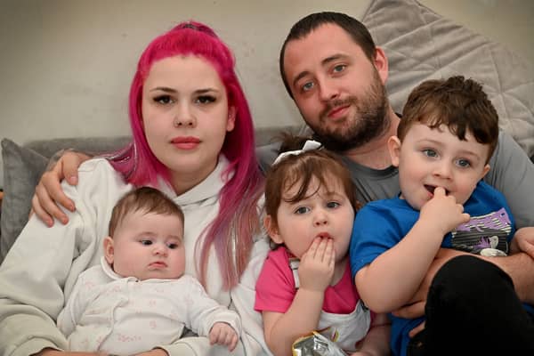 (L to R) Katie Roberts, Ashley Rust , Willow,13 weeks, Scarlett and Hunter. A desperate mum says she and her children are suffering from constant illness after being forced to live in a freezing mould-ridden house
