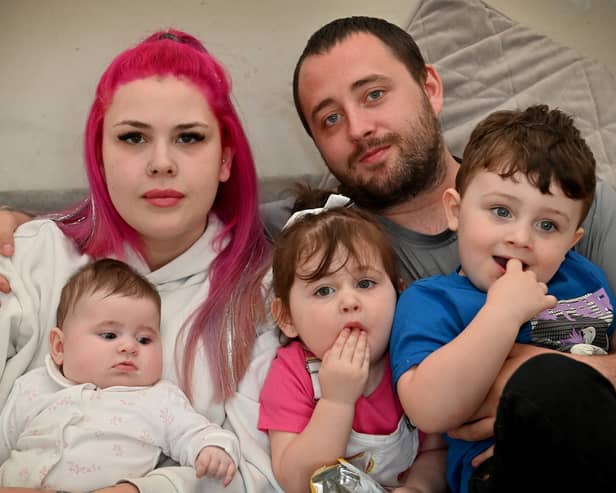 (L to R) Katie Roberts, Ashley Rust , Willow,13 weeks, Scarlett and Hunter. A desperate mum says she and her children are suffering from constant illness after being forced to live in a freezing mould-ridden house