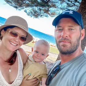 Colleen Deere, 35, and fiancé Tom McParland, 39, with their one-year-old son, Cove.