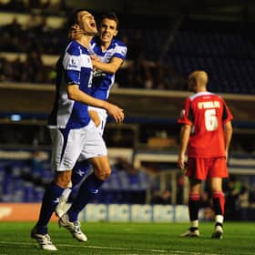 Matt Derbyshire (R) celebrates with Nikola Zigic (L). The pair played together at Birmingham City in the 2010/11 season. (Photo by Jamie McDonald/Getty Images)