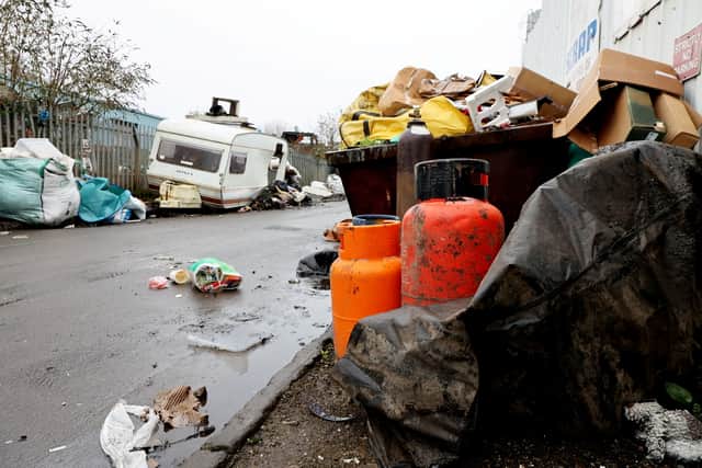 Rubbish on Springvale Street in Willenhall, West Midlands. Rubbish, including sofa, mattresses, skip, caravan and rubble has been dumped on Springvale Street , Ann Street and Ward Street in Willenhall in West Midlands