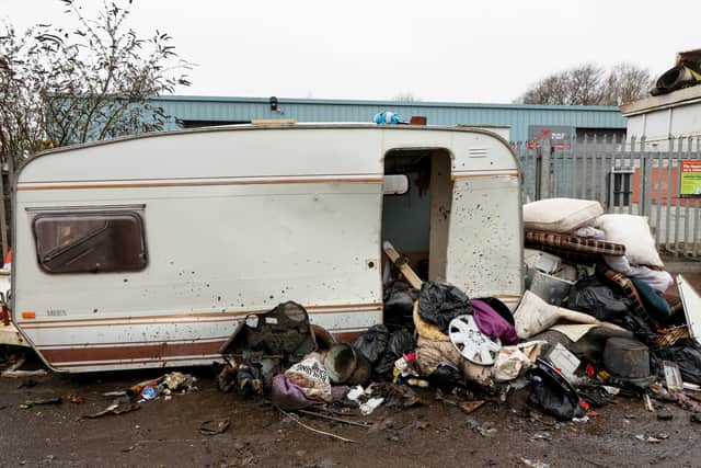 Rubbish on Springvale Street in Willenhall, West Midlands. Rubbish, including sofa, mattresses, skip, caravan and rubble has been dumped on Springvale Street , Ann Street and Ward Street in Willenhall in West Midlands