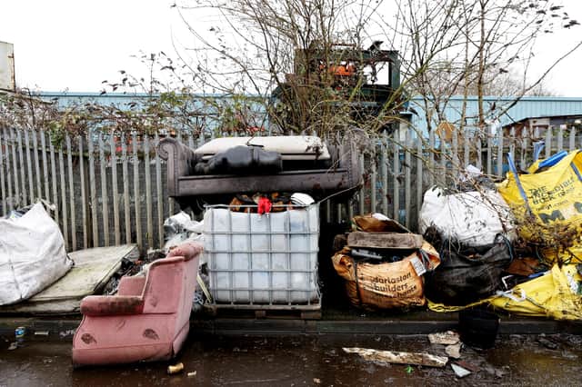 Rubbish on Springvale Street in Willenhall, West Midlands. Rubbish, including sofa, mattresses, skip, caravan and rubble has been dumped on Springvale Street , Ann Street and Ward Street in Willenhall in West Midlands