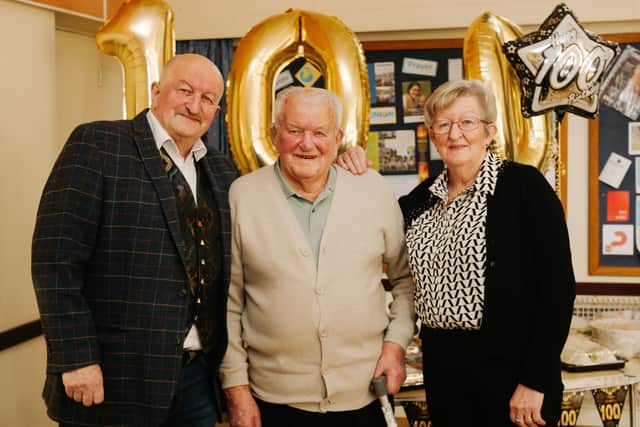 War veteran Eric Lucas celebrated his 100th birthday with son Geoff Lucas and daughter Christine Treverton